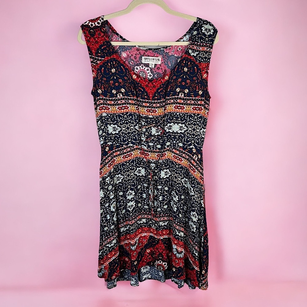 Idyllwind Bohemian Mini Dress with Pockets Floral Sleeveless Blue Red Medium